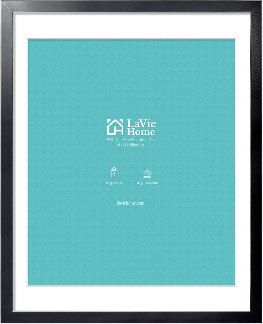 LaVie Home 26 x 32 Poster Frame Black, Display Pictures 22x28 with Mat or 26x32 Without Mat, Stable and Sturdy Picture Frame and Polished Plexiglass, Horizontal and Vertical Format of The Wall（1 Pack）