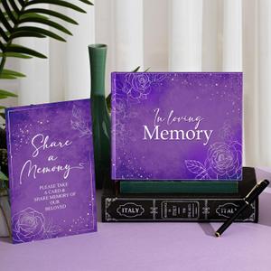Purple Funeral Guest Book for Memorial Service Celebration of Life - in Loving Memory Guestbook Set with Memory Table Sign and Pen - Guest Sign in Book for Funeral Service