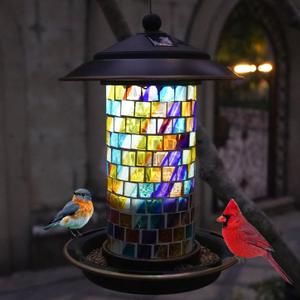 Solar Bird Feeder with Stained Glass, Easy Clean and Top Fill, Adjustable Feeder with Sturdy Wire and Roof, Plastic, for Garden, Backyard, Terrace(1.5lbs/Diamond)