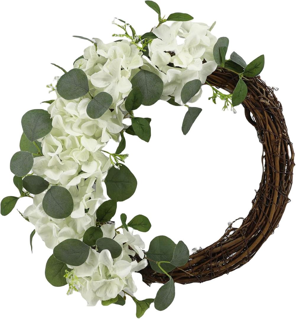 COLLECTIVE HOME - Artificial Wreath, 20" Artificial Wreath for Front Door, Spring Green Leaf for Window Wedding, Home Porch Patio Garden Decor (Grapevines Cream Hydrangeas)