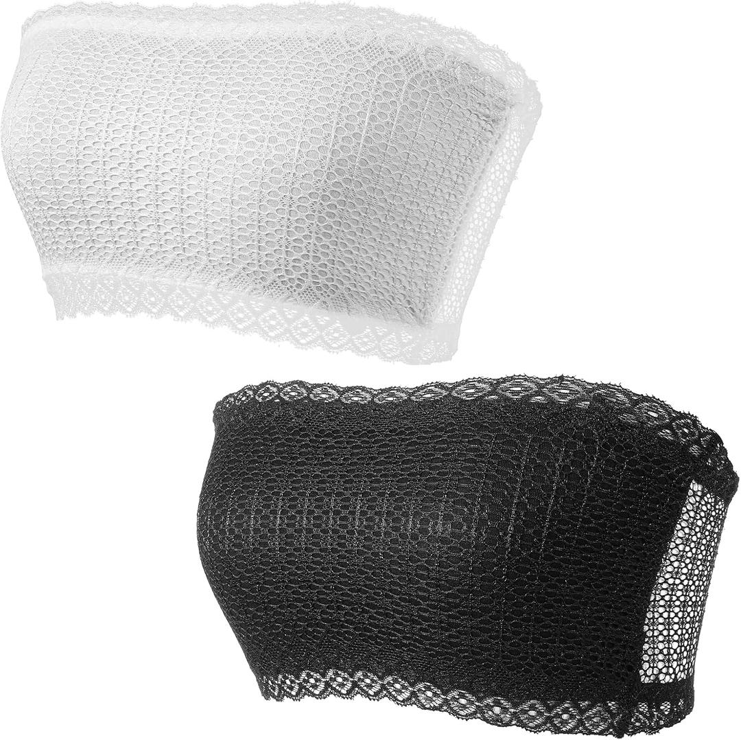 Nogeqi 2 Pcs Lace Tube Top Bra, Strapless Lace Bandeau, Stretch Strapless Bralette for Women, Cleavage Cover Up for Low Neckline, Modesty Panel Cleavage Cover for Women A or B Cup (White, Black)