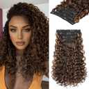 REECHO Curly Hair Extensions - 4PCS 14" GoGo Curly Clip in Hair Extensions 100% Super Protein Hairpieces with Invisible Lace Weft Silky Soft Natural Look - Chocolate Brown with Golden Highlights