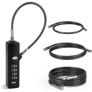 Versatile Cable Lock  4-Digit Combination Lock with 3 Interchangeable Steel Braided Ropes (9 / 23.6 / 47.2)  Ideal for Bikes, Scooters, Snowboards, Cabinets, and Gates (Black)