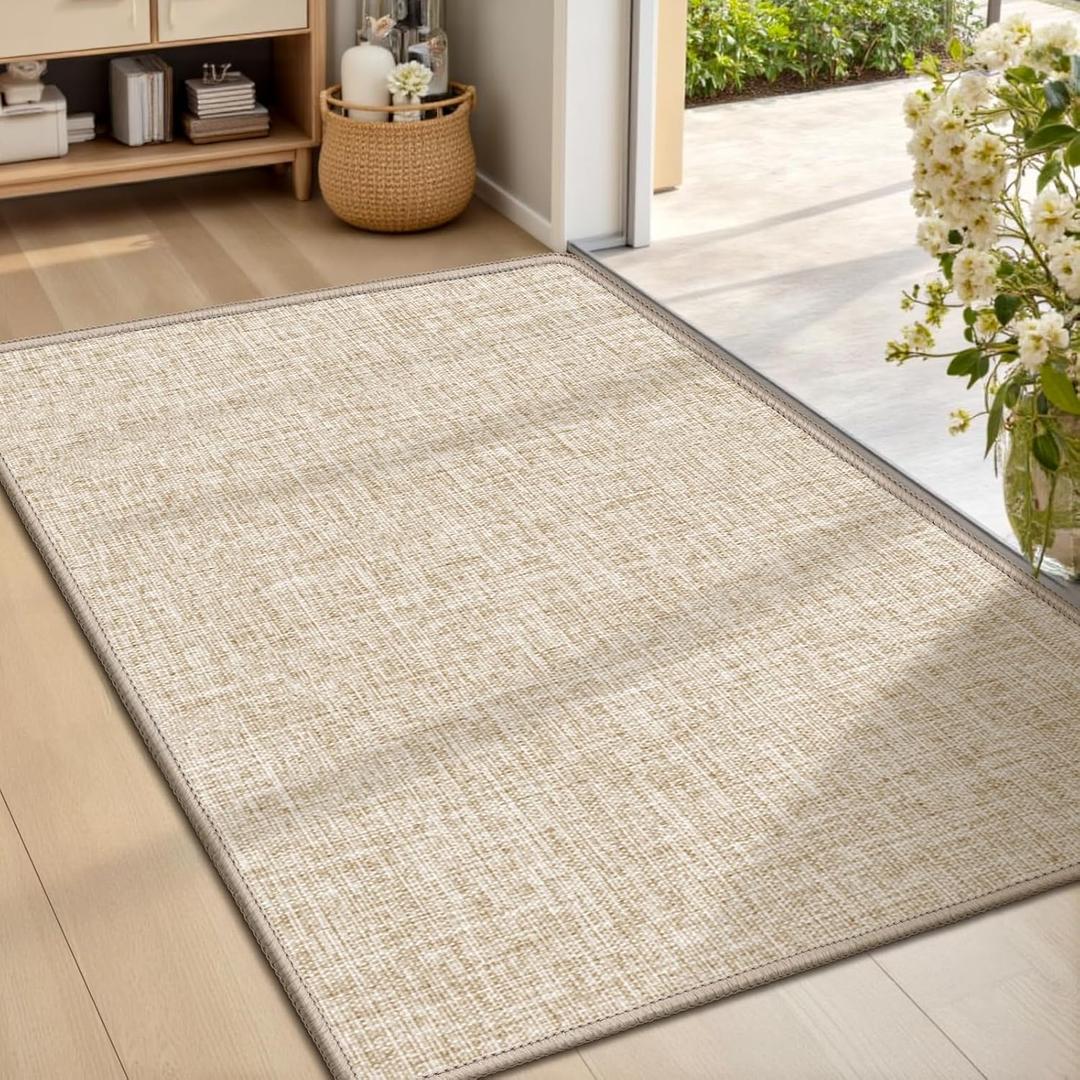 LEKEEPGO Ultra Thin Indoor Door Mat 24"x36", Low-Profile Door Mat Indoor Entrance, Non Slip Rubber Backing Inside Doormat Washable Welcome Front Entryway Dirt Trapper Entry Mat, Khaki