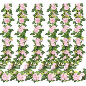 Sggvecsy 6Pcs 46.5Ft Artificial Rose Vine Fake Flower Garland Floral Garland Faux Silk Hanging Vine Rose Ivy Vines for Wedding Arch Party Wall Garden Ceremony Background Outdoor Decor (Pink)