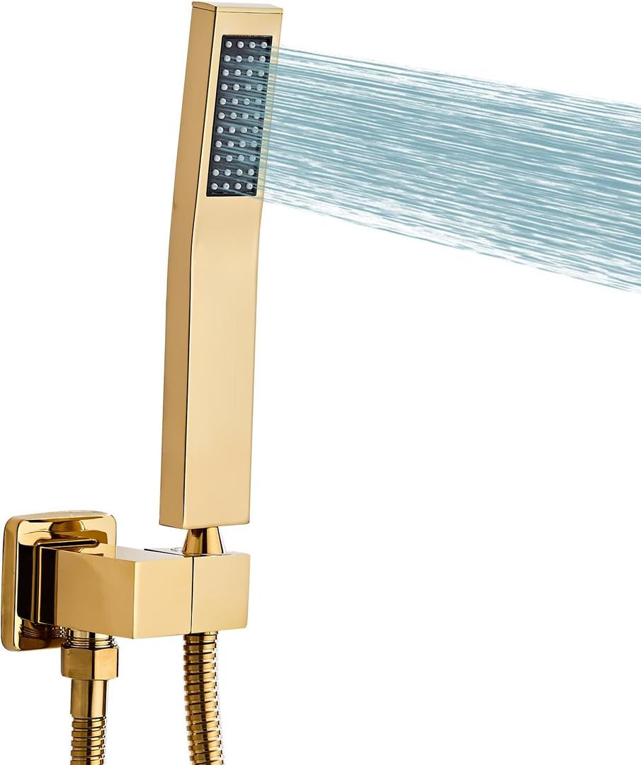 Gold square hand shower head, handheld shower head with hose,brass High pressure flushing With adjustable water supply elbow Wall-mounted connector Shower bracket and hose set