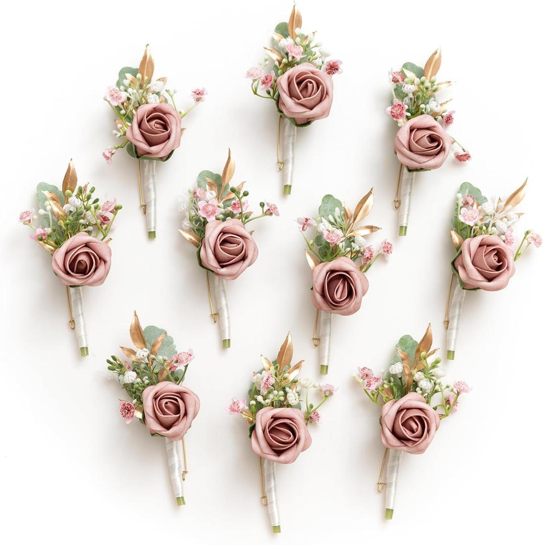 Ling's Moment Boutonniere for Men, 10pcs Groomsmen Guest Boutonniere, Artificial Flowers for Wedding Dcor/Prom/Homecoming,etc.Dusty Rose Pink