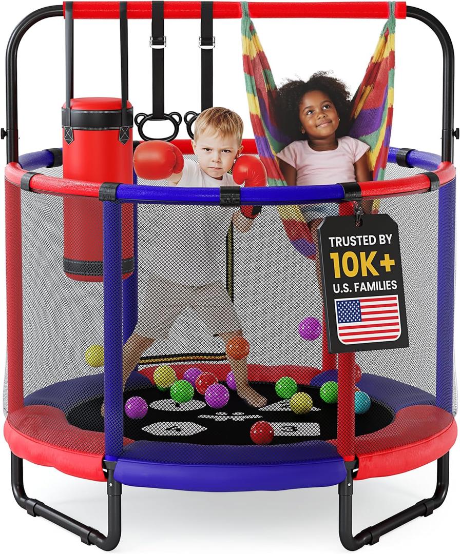 Happin 55 Trampoline for Kids with Safety Enclosure, Indoor & Outdoor Toddler Trampoline, Ultra Safe Design with Multi Activity Accessories, Perfect Toddler Gift for Boys & Girls Ages 18 (Blue-Red)