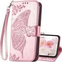 for iPhone 16 Wallet Case for Women,Butterfly Embossed Flip Folio PU Leather Stand Card Holder Slots Phone Protective Cover for iPhone 16 6.1" (Rose Gold)
