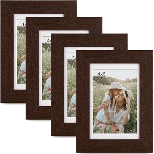 Momentworth 4x6 Picture Frame with Mat for 3.5x5, Walnut Wood Grain Dark Brown Gallery Wall Picture Frames for Tabletop or Wall Mounting(4 Pack, Walnut)