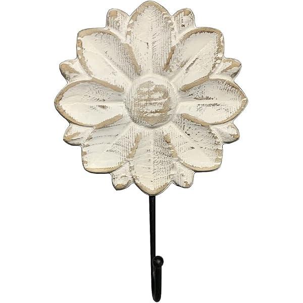 Decorative Wall Mounted Flower Hook, White Distressed Wood Hanging Hook, Farmhouse Boho Coat Rack Hook for Hanging Things, Towels, Purse
