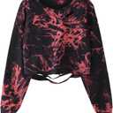 Avanova Women Tie Dye Sweatshirt Long Sleeve Crop Top Ripped Oversized Shirt Black Red Medium