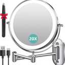 Auxmir 8'' Wall Mounted Lighted Makeup Mirror, 3200mAh Rechargeable Double-Sided 1X/20X Magnifying Mirror with Light, Touch Dimmable 3 Color Light, 360 Rotation Foldable Extended Arm, Chrome