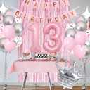 Happy 13th Birthday Decorations - Pink & Silver Balloons, Fringe Curtain, Crown Star Balloon for Her 13 Years Old Princess Party