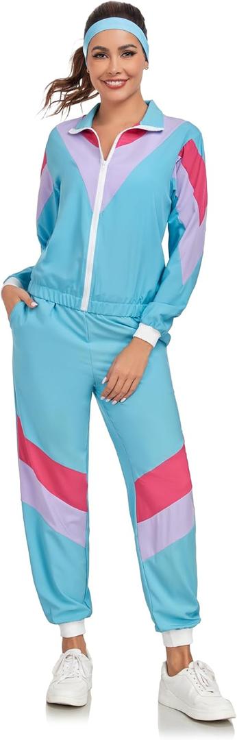Cuteshower Women 80s Tracksuit Costume for Retro Hip Hop Windbreaker Costumes for Halloween (Large, Blue)