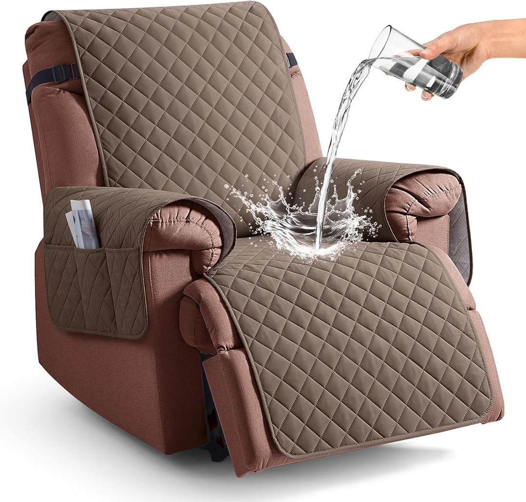 KinCam 100% Waterproof Recliner Chair Cover, Reclining Couch Covers for Pets, Dogs, Recliner Couch Slipcover Furniture Protector with Elastic Straps for Kids(23.6", Brown)