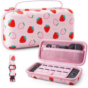 PAWDIARY for Nintendo Switch 2(2025) Pink Carrying Case Protector, Girly Strawberry Switch 2 Travel Bag with 10 Game Card Slots, Adjustable Shoulder Strap, Cute Large Capacity Accessories Storage