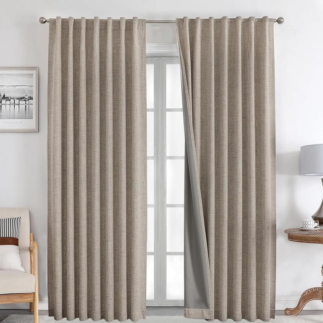 Joydeco 100% Blackout Curtains 108 inches Long Natural Linen Drapes 2 Panels Set Burg for Bedroom Living Room Black Out Darkening Curtain Thermal Insulated Back tab Rod Pocket(52x108 inch,Linen) (52"W x 108"L (Pack of 2), Linen)