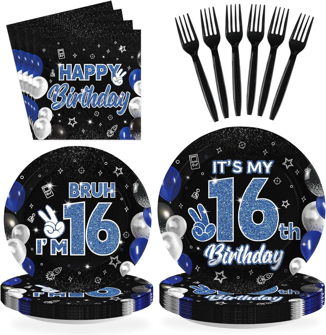96 Pcs 16th Birthday Decorations for Boys Blue and Black Plates and Napkins Disposable Glitter It's My 16th Birthday Party Supplies for Boys Kids Teenager 16 Years Old Party DecorServes 24