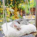 Cat Window Perch - Hammock Bed for Cats Inside - Solid Wood Seat, 4 Strong Suction Cups, Soft Cushion - Rustic Indoor Pet Shelf (Medium, Brown/White)