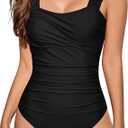 One Piece Bathing Suit for Women Tummy Control Swimsuits Square Neck Ruched Modest Swimwear, XL, Black