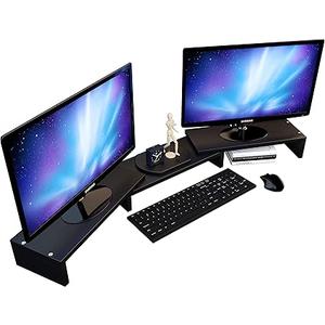 Computer Monitor Stand Riser for 2, Dual, Double, 3, Triple, Multi, Multiple Desktop Monitors with Adjustable Length & Angle, Laptop Corner Stands Lift Organizer, Long Wood Black Shelf Desk Storage