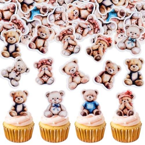 40Pcs Edible Teddy Bears Cupcake Toppers Cute Bear Baby Cupcake Picks for Bear Theme Baby Shower Baby Gender Reveal Little Bears Theme Boys Girls Birthday Party Cake Cupcake Decorations