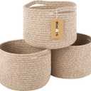 Small Basket for Organizing | Cube Shelf Closet Storage Baskets | 9.79.77.1 | Woven Rope Gift Basket | Nursery | Round 3 Packs Mixed Brown (Natural)