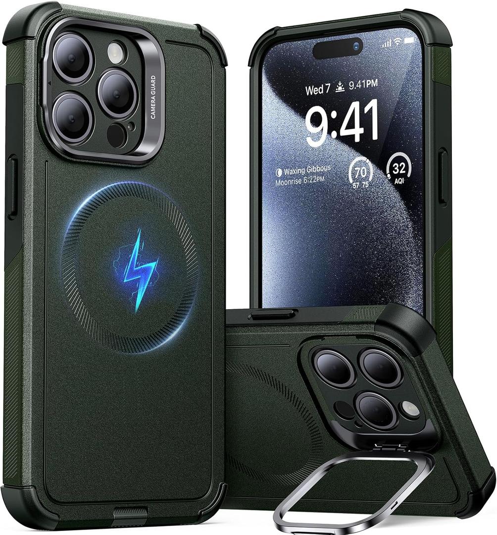 ESR for iPhone 15 Pro Case with Stand, 23 ft Military-Grade Drop Protection, Heavy Duty Magnetic Phone Case, Compatible with MagSafe Accessories, Cyber Series, Green