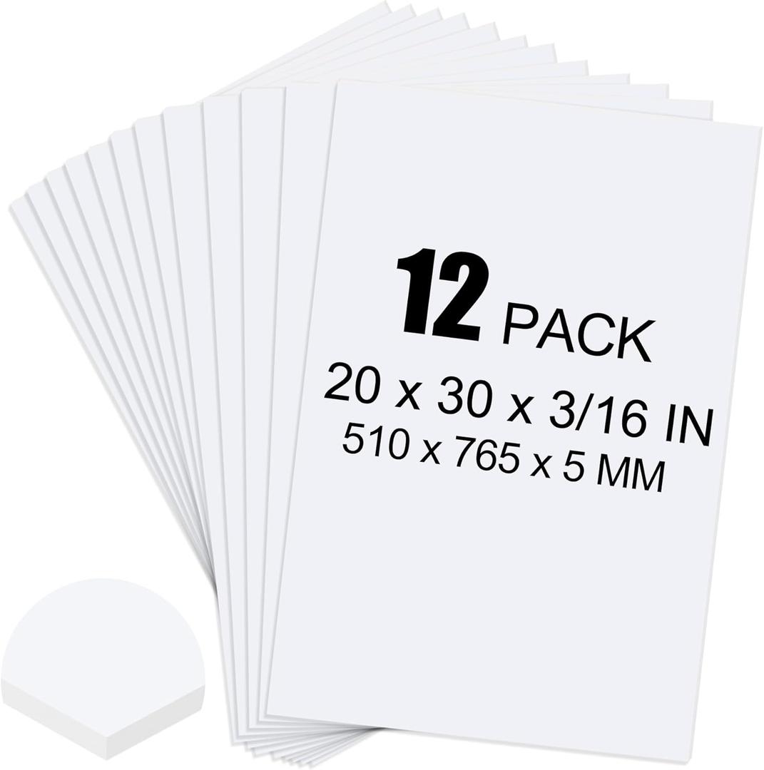 ToLanbbt 12 Pack White Foam Board, 20 x 30 x 3/16" Thick Foam Core Acid Free Poster Foamboard for Art Craft Projects, Painting, Displaying, Signage, Wedding, School