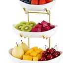 Ceramic Fruit Bowl for Kitchen Counter - 3 Tier Fruit Basket with Metal Stand, Tiered Fruit Stand for Countertop, Snack, Nuts, Cake, Dessert, Cute (Gold, Large)