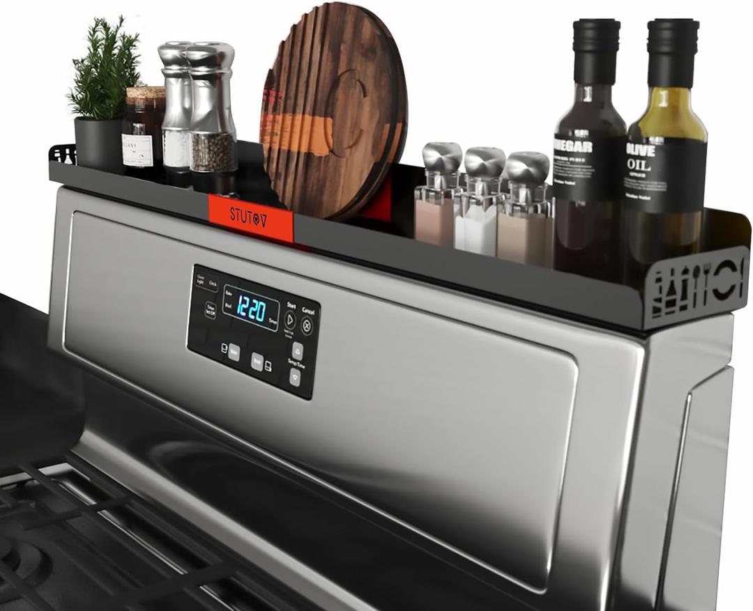 30" Magnetic Stove Top Shelf  Black Spice Rack with Red Logo and Seasoning Organizer  Kitchen Shelf for Back of Stove  Over Stove Rack and Storage Organizer