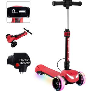 24V Electric Scooter for Kids w/150W Powerful Motor, Thumb Throttle, LCD Screen, Bluetooth, Light-Up Stem Deck & Wheels, 3 Adjustable Heights, 5MPH Safe Speed, 3 Wheel Electric Scooter for Kids (Red)