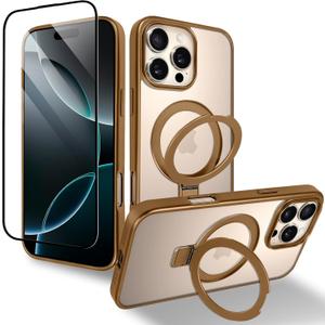 OOK Magnetic Case for iPhone 16 Pro 6.3 Inch [Compatible with MagSafe] Soft TPU + Hard PC Case with Kickstand Screen Protector Anti-Scratch Shockproof Protection Phone Cover for Women Men - Brown