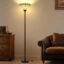 Tiffany Floor Lamp, Torchiere Standing Lamp with Stained Glass Shade, Vintage Tall Pole Lamp with Foot Switch, Decorative Corner Light for Living Room Bedroom Home Office(E26 Base)