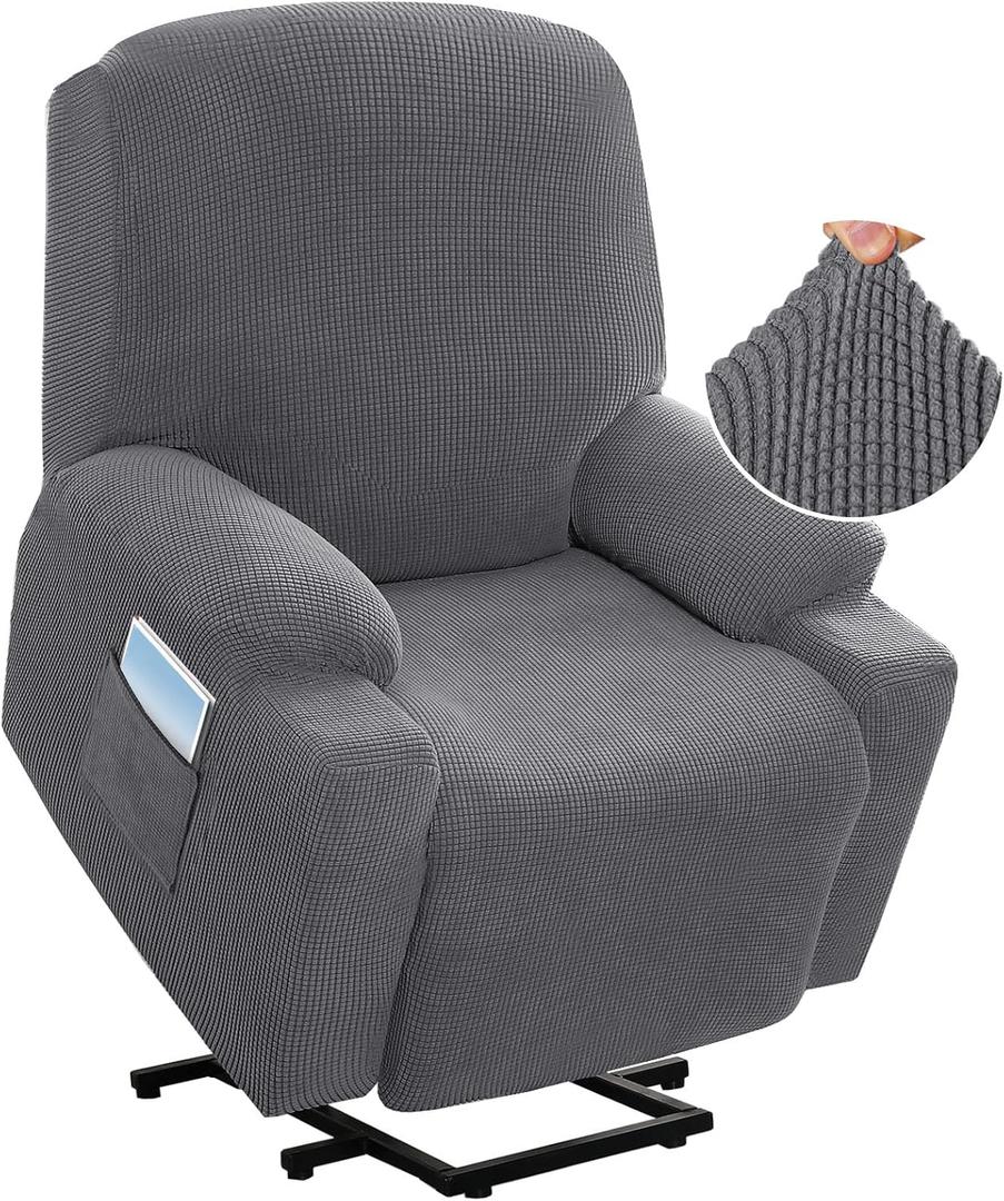 H.VERSAILTEX Stretch Couch Cover Recliner Cover Electric Power Lift Recliner Chair Cover Fitted Standard Large Power Lift Recliner with Side Pocket, Soft Thick Jacquard(Single Seat, Grey)