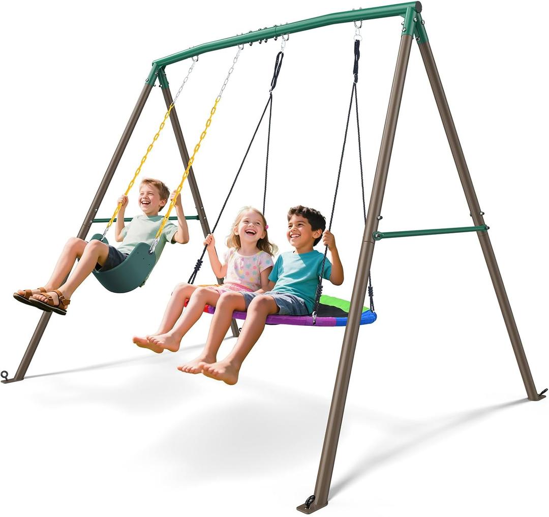 Trekassy 440lbs Swing Sets for Backyard - 2 Seat Outdoor Kids Playset with Saucer & Belt Swing, Heavy-Duty A-Frame Metal Stand for Backyard Playground - Green and Brown (Patented)