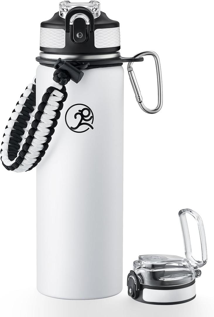 GOSWAG Insulated Sports Water Bottle, 24oz 2 Lids(with Straw/No Straw), Stainless Steel Water Bottles with Paracord Handle, Insulated Thermos with Double-Wall Vacuum Insulation (Matte White)