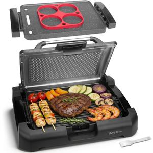Bakers Friend Indoor Searing Grill & Griddle, Electric Griddle with 2 in 1 Indoor Grill and Griddle Plate Indoor Grill with Removable Plate & Lid, Silicone Mold, Dishwasher Safe, Graphite