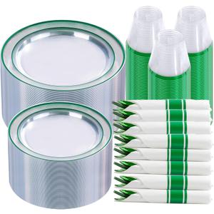 I00000 350 Pcs Green Plastic Dinnerware Set for 50 Guests Include:50 Dinner Clear Green Plastic Plates, 50 Dessert Party Plates, 50 Pre Rolled Napkins with Cutlery Set, 50 Cups for Party
