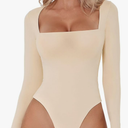 QINSEN Women's Sexy Square Neck Bodysuit Long Sleeve Double Lined Shirt Tops, Extra Large , Marzipan 