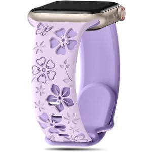 Floral Engraved Band Compatible with Apple Watch Band Women 40mm 38mm 41mm 42mm 44mm 45mm 46mm 49mm, Soft Silicone Two-Tone Flower Sport Strap for iWatch Series 10 9 8 7 6 5 4 3 2 1 SE Ultra (Lavender/Purple)