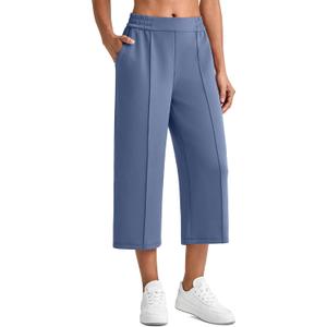 G4Free Smoofit Capri Pants for Women Wide Leg Yoga Pants High Waist Summer Travel Casual Pants with Pockets (Blue, S)