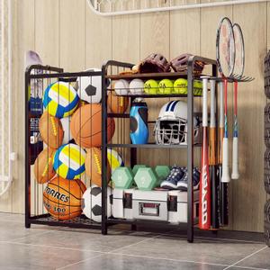 Garage Sports Equipment Organizer, Ball Storage for Gear and Toys, Large Capacity, Sports Organizer for Garage with Hooks and Baskets (Black and Brown)