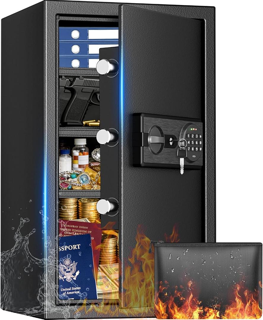 6.2 Cuft Large Home Safes Water and Fireproof with Digital Keypad & Key Lock, Fire Security Safe Box with 3 Removable Shelves, Fireproof Safes for Money Documents Jewelry, 27.56"H x13.78"W x 11.81"D