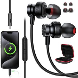 APETOO USB C Headphones with Charging for iPhone 16 15 Plus Pro Max,Samsung S24 S23 S22 A53,Magnetic USB-C Wired Earbuds Noise Canceling in-Ear Earphones with Mic Volume Control for iPad,Pixel,Oneplus