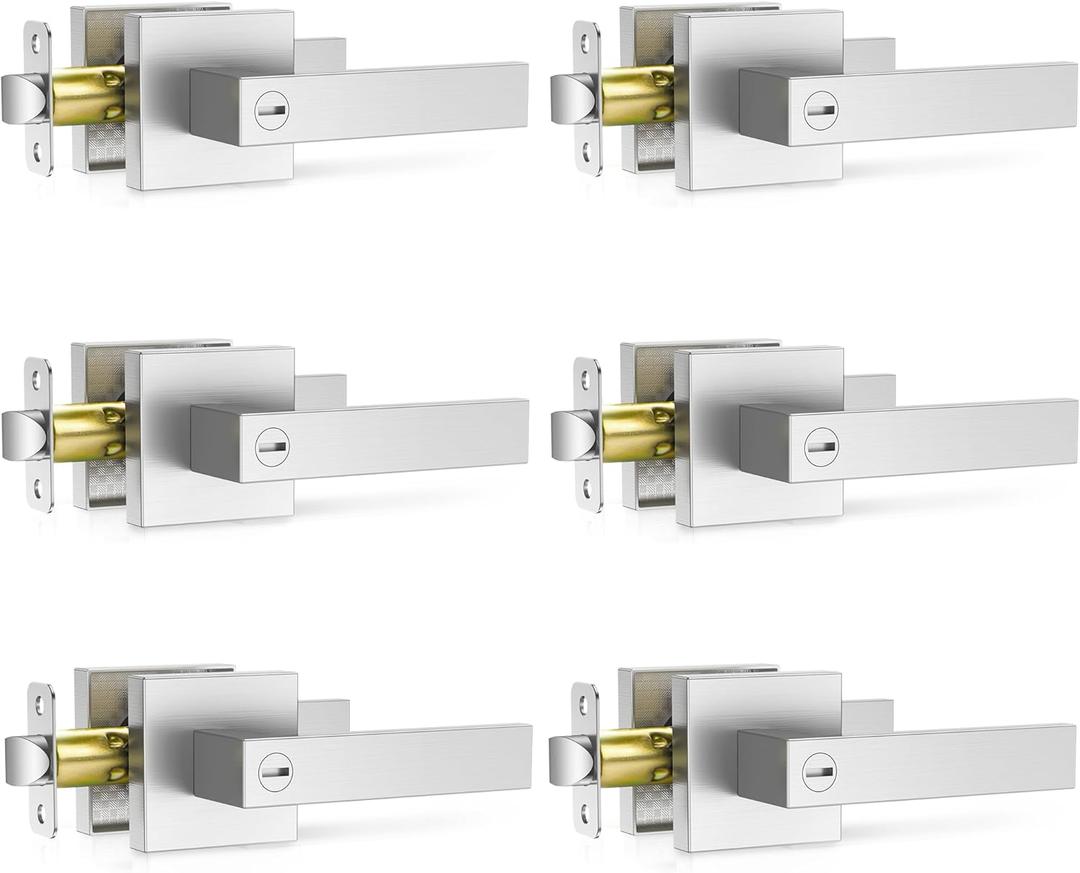 Plustool 6 Pack Brushed Nickel Door Handle, Door Knobs Interior Heavy Duty, Flat Square Privacy Door Levers, Keyless Door Lockset for Bedroom and Bathroom