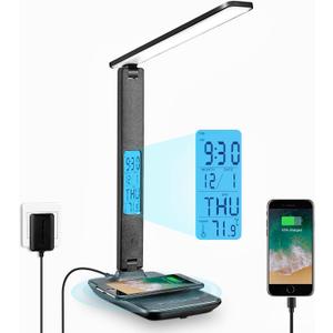 LAOPAO Desk Lamp with Wireless Charger: USB Charging Port, Table Lamp with Clock, Desk Lamps for Home Office College Dorm Room Essentials (Black)