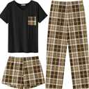 Ekouaer Women's 3 Piece Pajama Set Short Sleeve Sleepwear Pj Set Top and Shorts Pants Pjs with Pockets (Large, Brown Plaid)