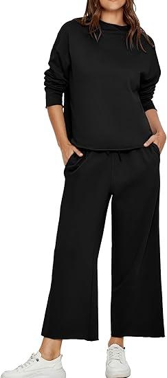 Glamaker Womens 2 Piece Lounge Set Casual Long Sleeve Mock Neck Tops Wide Leg Pant Tracksuit Vacation Travel Outfit 2025 M